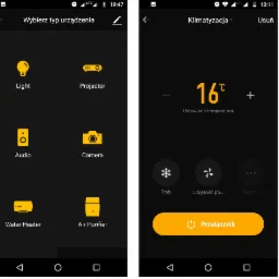 Interfejs aplikacji mobilnej do sterowania urządzeniami domowymi, z ekranami wyboru urządzeń, regulacji klimatyzacji i pilota do telewizora.