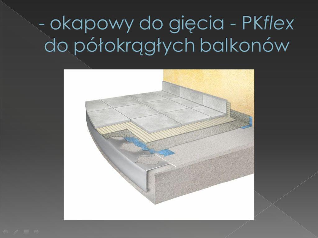 Przekrój warstw balkonu z hydroizolacją, okapnikiem PKflex i płytkami ceramicznymi, prezentujący technologię uszczelniania.