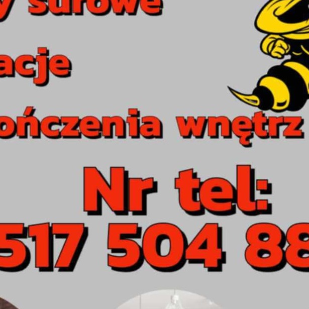 Grafika reklamowa z rysunkową pszczołą, napisem 'Wykończenia wnętrz' i numerem telefonu na szarym tle.