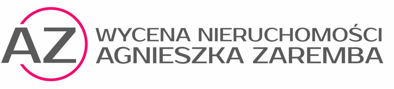 Logo firmy AZ Agnieszka Zaremba, oferującej usługi w zakresie nieruchomości, z nazwą firmy i imieniem właścicielki w kolorze szarym, otoczone różowym okręgiem.