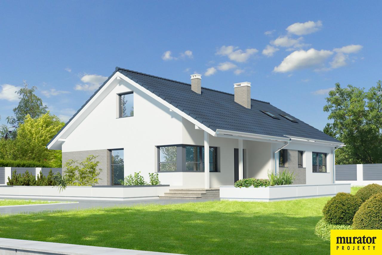 Wizualizacja projektu domu jednorodzinnego z białymi ścianami, grafitowym dachem i elementami z szarej cegły, otoczonego zielonym trawnikiem i roślinnością.