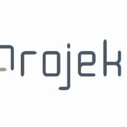 Minimalistyczne logo firmy z nazwą '+rojekt' w szarym kolorze na białym tle, używające geometrycznej czcionki.