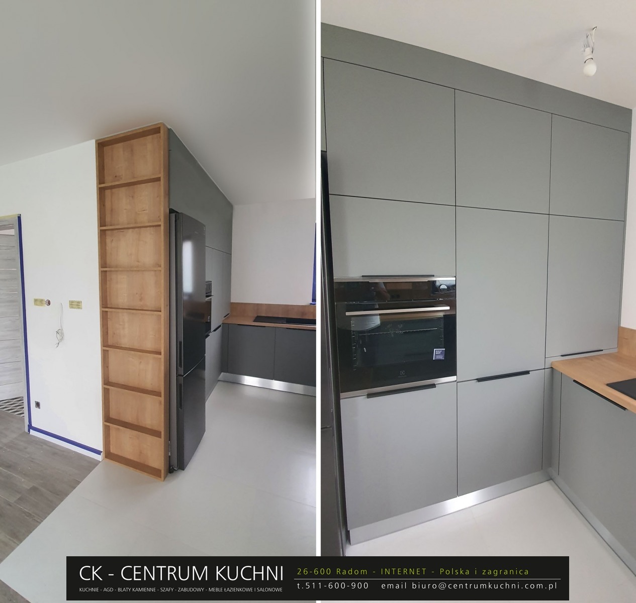 Nowoczesna kuchnia w odcieniach szarości z drewnianymi akcentami, widoczna zabudowa kuchenna, piekarnik oraz regał z jasnego drewna, białe ściany i podłoga, minimalistyczny design.