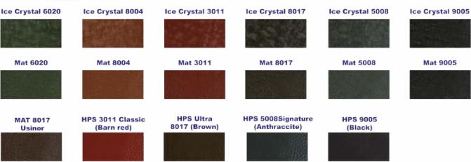 Paleta próbek kolorów powłok dachowych Germania Simetric z wykończeniem matowym i fakturą Ice Crystal, prezentująca odcienie zieleni, brązu, czerwieni, antracytu i czerni.