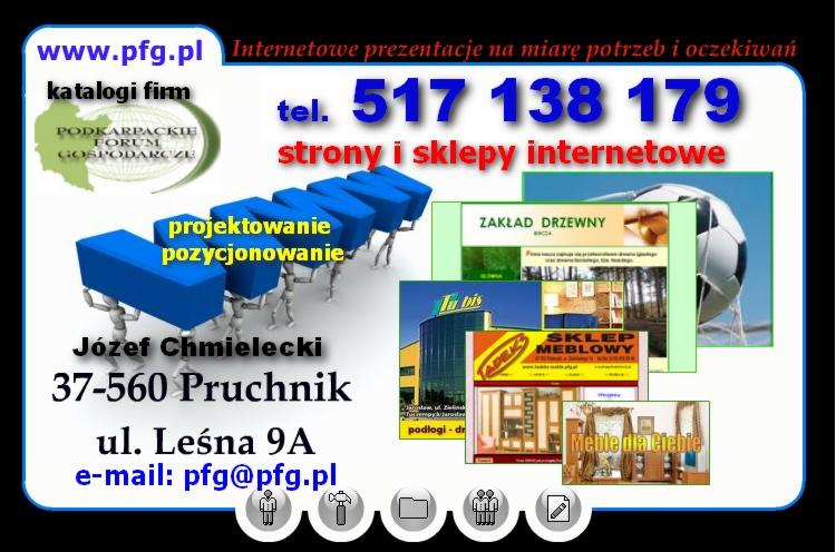 Grafika reklamowa prezentująca ofertę firmy: adres strony www, numer telefonu, adres email, adres fizyczny oraz miniaturki przykładowych stron internetowych z branży meblarskiej i drzewnej, a także...