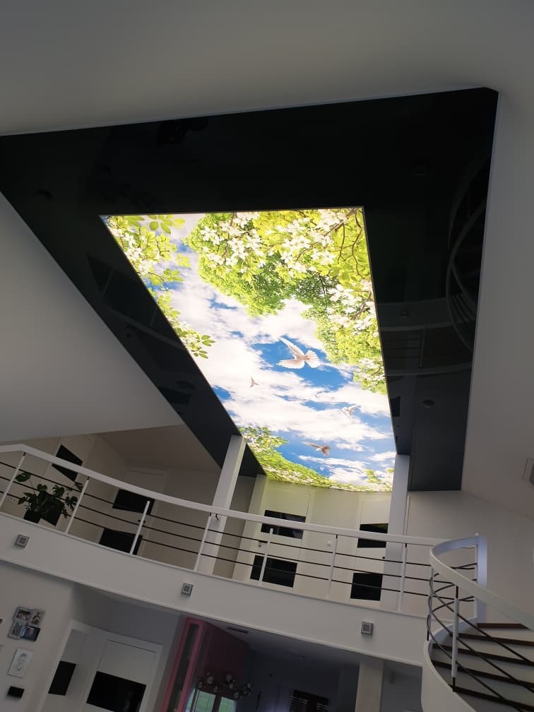 Iluminowany sufit z nadrukiem błękitnego nieba, białych chmur i zielonych gałęzi z ptakami, widok z dołu z balustradą i schodami w tle.