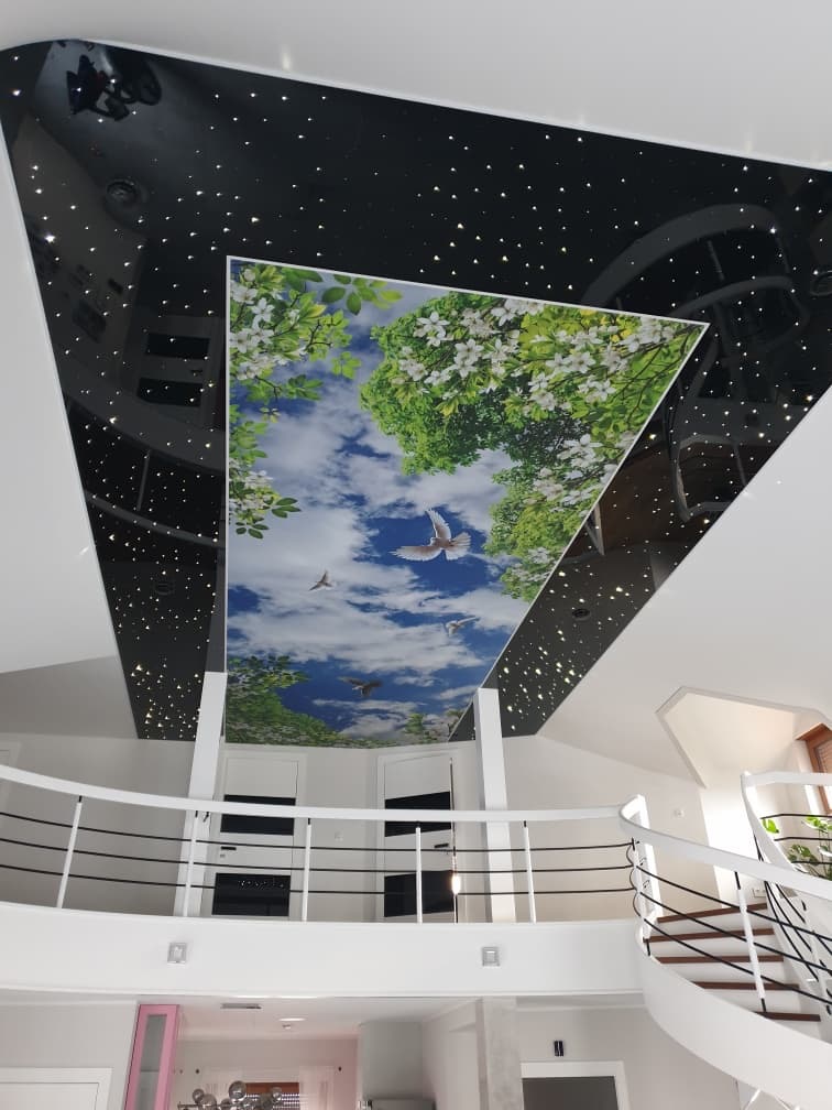 Czarny sufit z efektem rozgwieżdżonego nieba i wstawką z motywem nieba, drzew i ptaków, widoczne z perspektywy antresoli z białą balustradą.