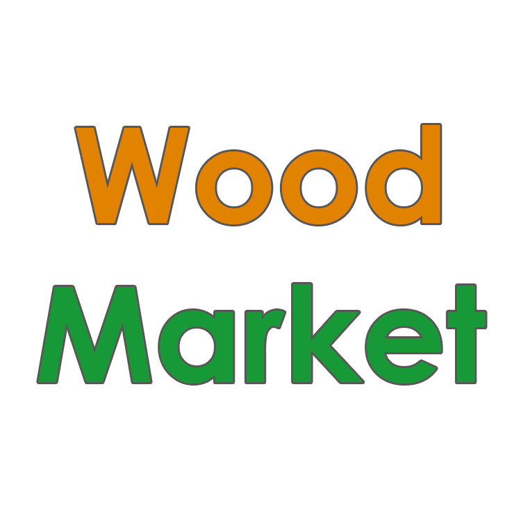 Logo firmy Wood Market z napisem Wood w kolorze pomarańczowym i Market w kolorze zielonym na białym tle.