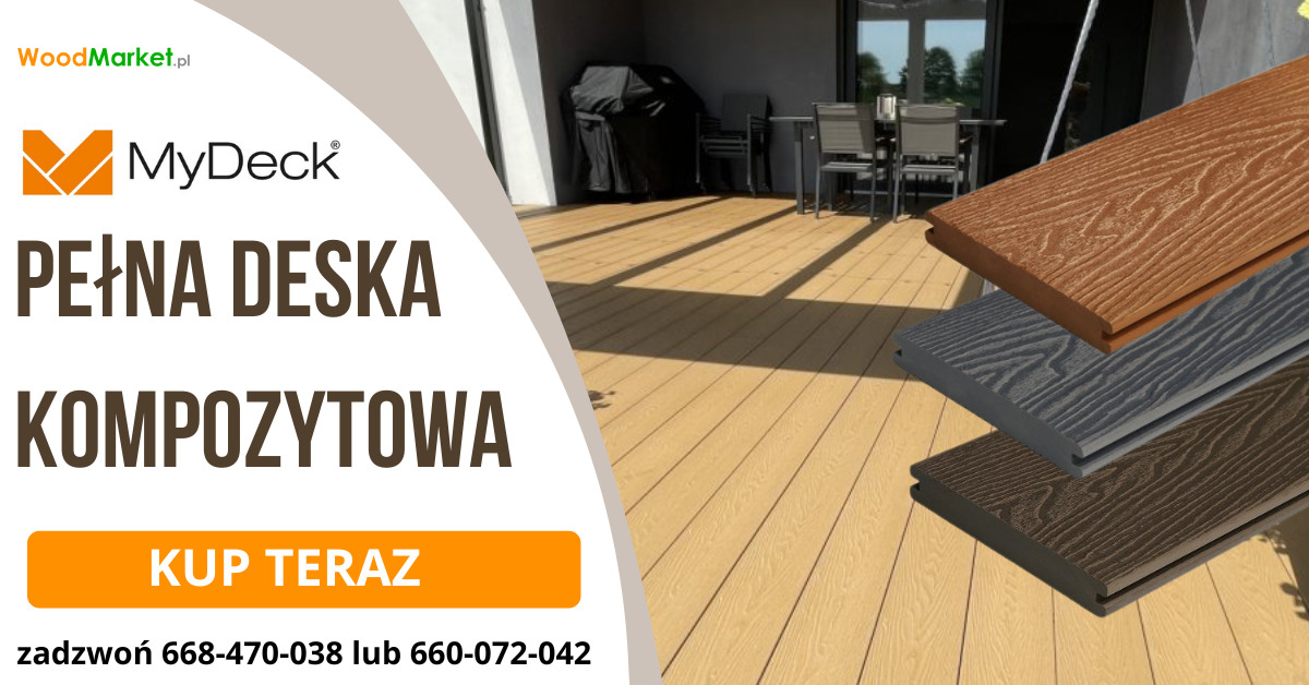 Kompozytowy taras z meblami ogrodowymi i grillem, prezentacja trzech desek w różnych kolorach na pierwszym planie, reklama WoodMarket.pl i MyDeck.