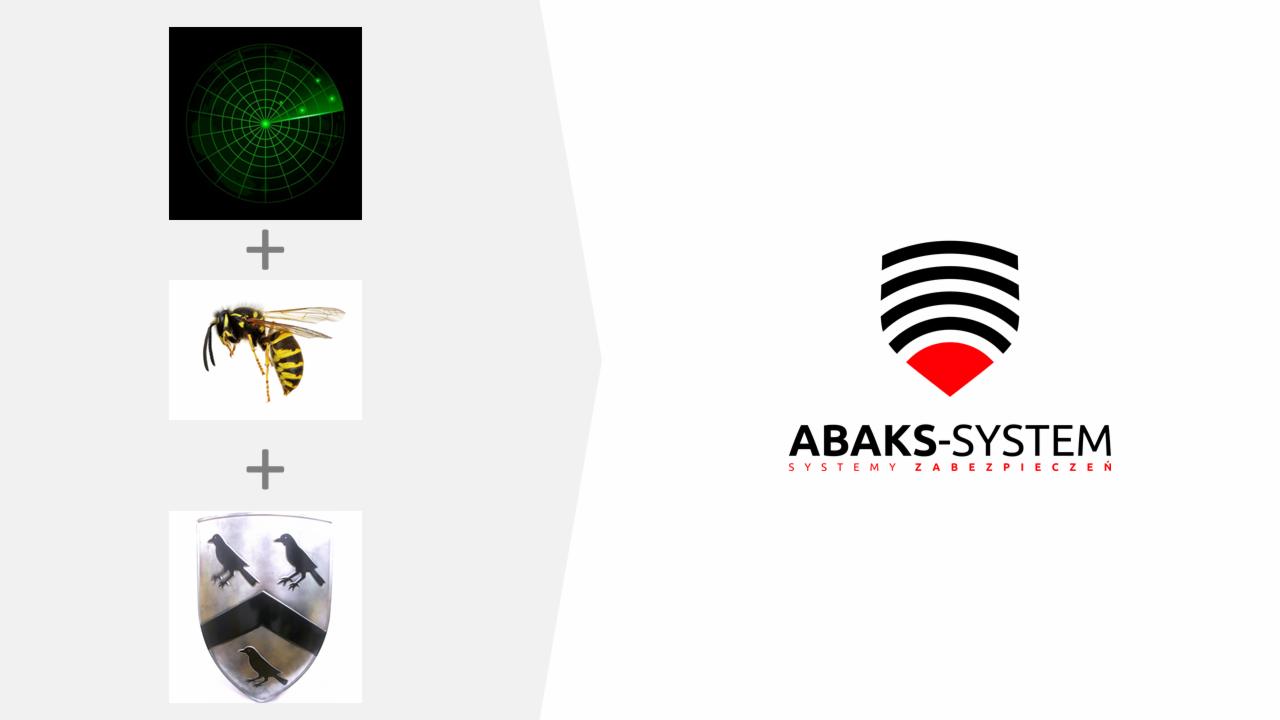 Koncepcja logo firmy ABAKS-SYSTEM: radar, osa i herb z krukami połączone znakiem plus, obok finalne logo firmy z nazwą i hasłem systemy zabezpieczeń.