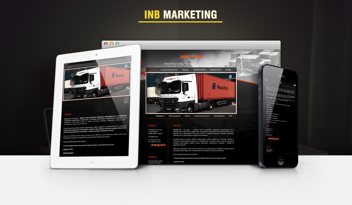Responsywny projekt strony internetowej firmy transportowej, widoczny na laptopie, tablecie i smartfonie, z logo firmy INB Marketing.