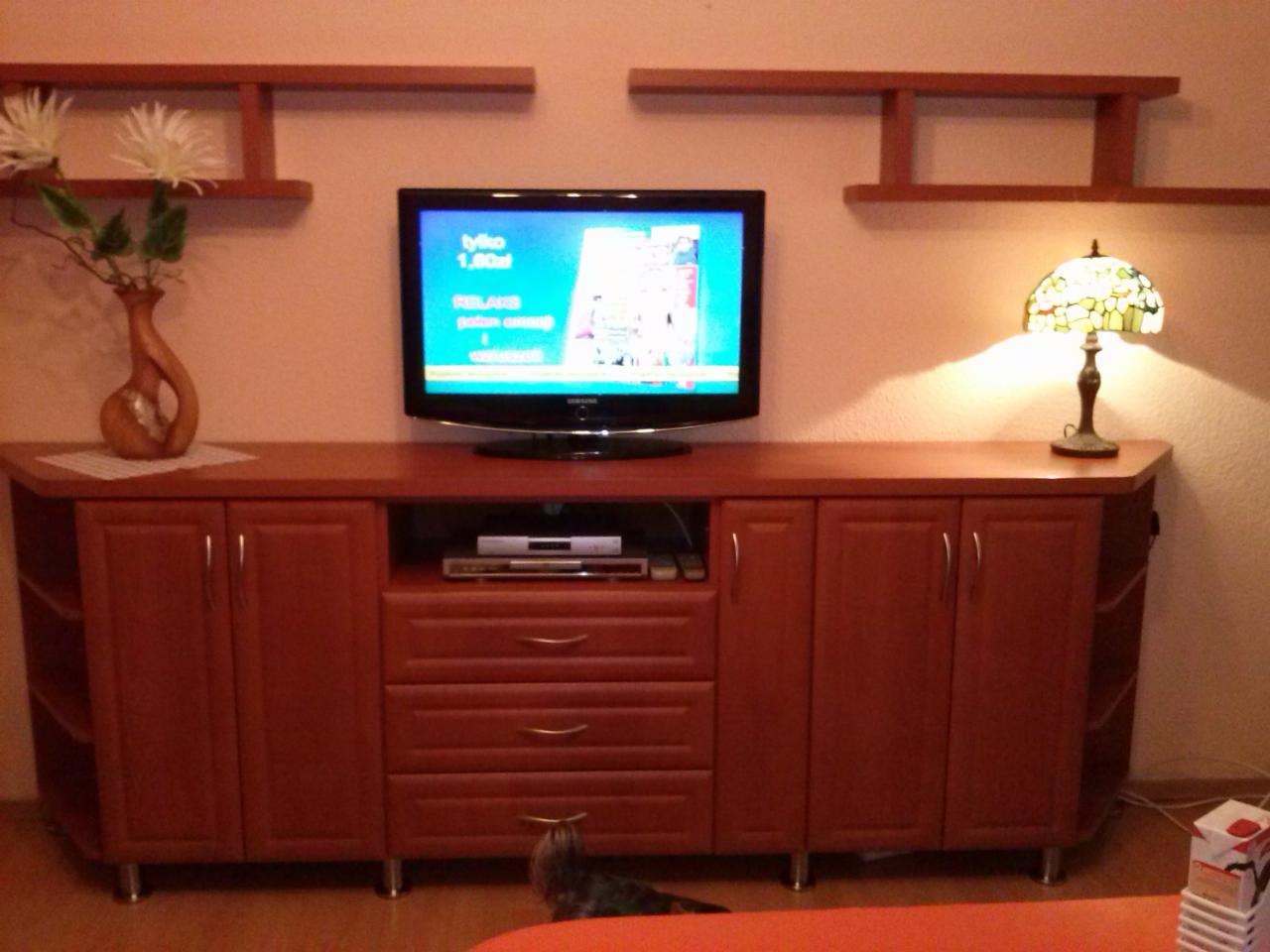 Ręcznie robiona szafka RTV z drewna w kolorze wiśni z zaokrąglonymi bokami, z trzema szufladami i dwiema szafkami z drzwiczkami, na metalowych nóżkach, z telewizorem, lampką nocną i wazonem...