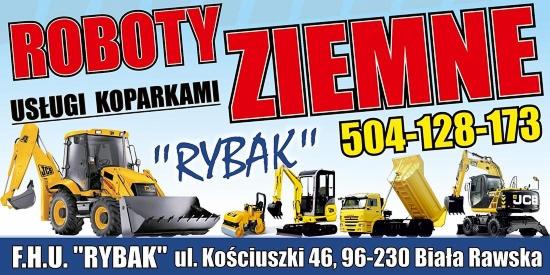 Żółte maszyny budowlane, w tym koparki i walec, pod hasłem „Roboty Ziemne” i numerem telefonu. Reklama firmy F.H.U. 'RYBAK' z Białej Rawskiej.