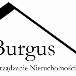 Logo firmy Burgus Zarządzanie Nieruchomościami w kształcie domu na białym tle. Minimalistyczny design, czarne litery i obrys domu. Klasyczna typografia.