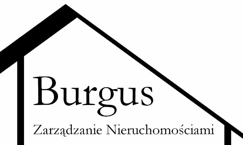 Logo firmy Burgus Zarządzanie Nieruchomościami w kształcie domu na białym tle. Minimalistyczny design, czarne litery i obrys domu. Klasyczna typografia.