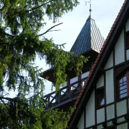 Fragment budynku w stylu szachulcowym z wieżyczką pokrytą blachą, widoczny przez gałęzie świerku.