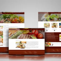 Wizualizacja responsywnego układu trzech ekranów strony internetowej firmy cateringowej 'Cazares' z Wrocławia, prezentującej menu, pikniki, lunche i catering dla firm, z brązowym motywem...