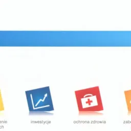 Grafika AEGON prezentuje usługi: oszczędzanie, zabezpieczenie najbliższych, inwestycje, ochrona zdrowia, majątku, emerytura. Ikony na kolorowych kwadratach.