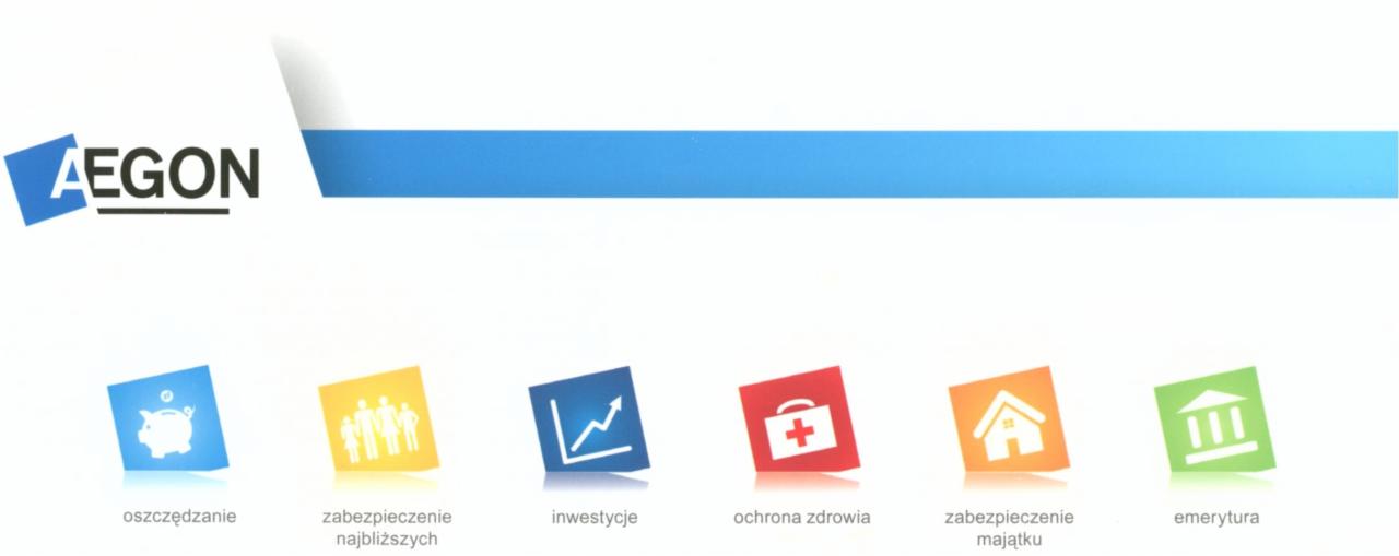 Grafika AEGON prezentuje usługi: oszczędzanie, zabezpieczenie najbliższych, inwestycje, ochrona zdrowia, majątku, emerytura. Ikony na kolorowych kwadratach.