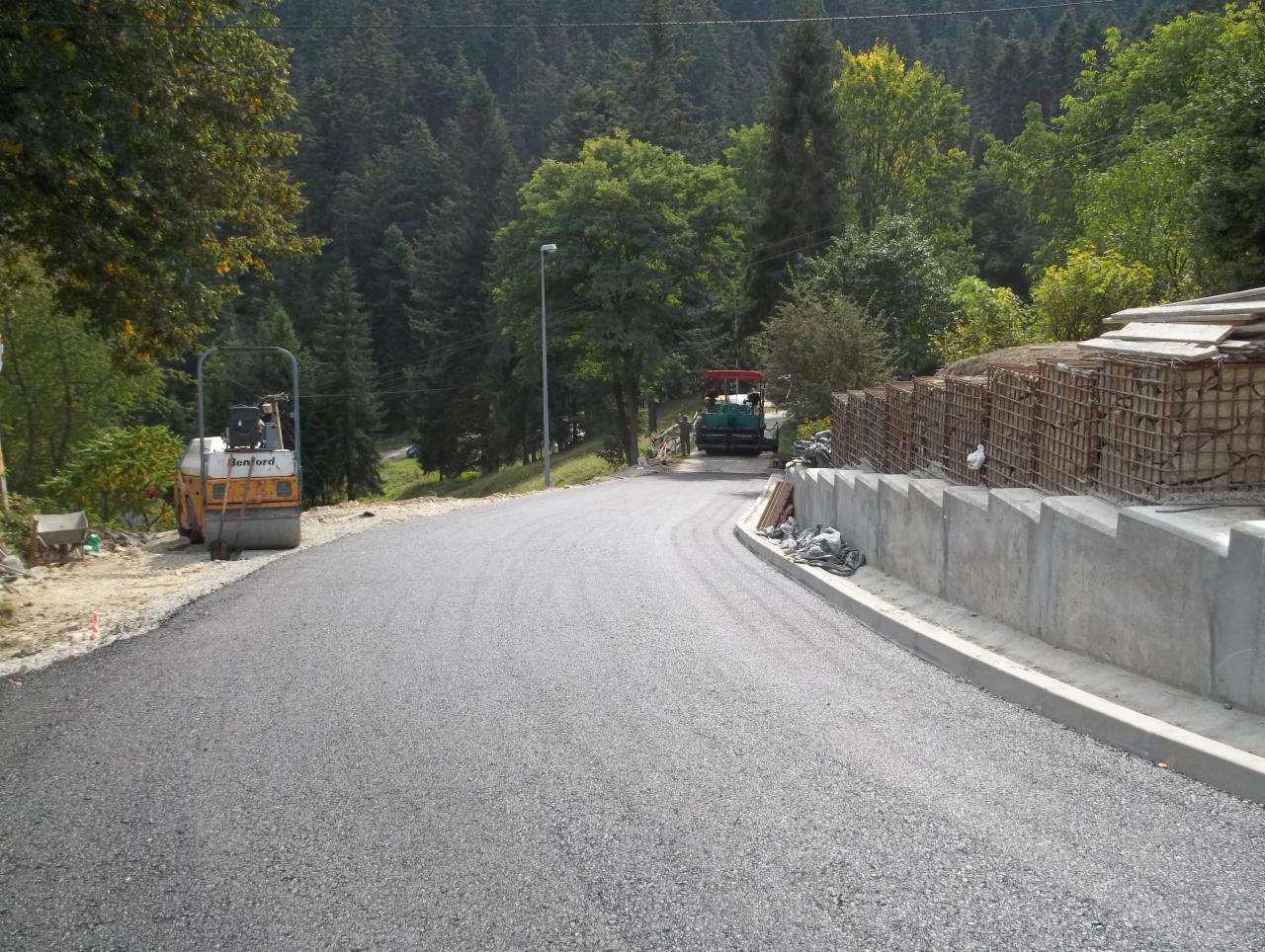 Asfaltowa droga w otoczeniu zieleni, z widocznymi maszynami budowlanymi i elementami konstrukcyjnymi. W tle las.
