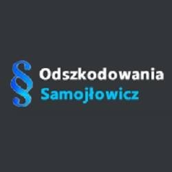 Logo kancelarii odszkodowawczej Samojłowicz z niebieskim paragrafem po lewej stronie, nazwa firmy w dwóch rzędach, gradient od ciemnoniebieskiego do białego na tekście.
