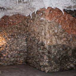 Damian Hołojda Firma Handlowo-Usługowa Profibud - Kamienna ściana z elementami dekoracyjnymi imitującymi stalaktyty, oświetlona żarówką. Widoczne różne odcienie kamieni i faktury.