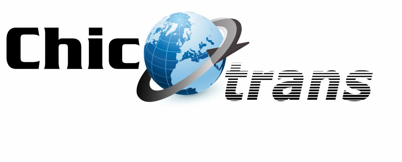 Graficzne logo firmy transportowej: czarny napis 'Chic' obok błękitnej kuli ziemskiej z szarym okręgiem i czarno-biały napis 'trans' z poziomych pasków.