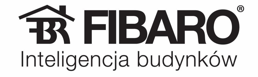 Czarno-białe logo Fibaro z symbolem domu i hasłem 'Inteligencja budynków', prezentujące markę w dziedzinie inteligentnych systemów domowych.