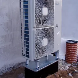 Biała, dwuwentylatorowa pompa ciepła powietrze-powietrze, zamontowana na metalowej podstawie w Załomiu. Widoczne elementy instalacji zewnętrznej i fragment ściany budynku.