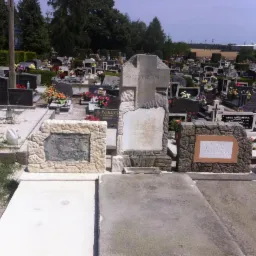 Cmentarz z nagrobkami, w tym odnowiony pomnik z kamienną ramą i wyczyszczoną płytą, kwiaty na grobach, drzewa w tle, słoneczny dzień.