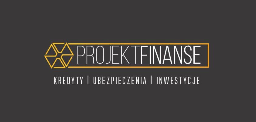 Logo firmy Projekt Finanse z geometrycznym symbolem po lewej i hasłem: Kredyty | Ubezpieczenia | Inwestycje na szarym tle.