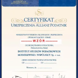 Certyfikat Ubezpieczenia Allianz Podatnik, potwierdzający zawarcie ubezpieczenia gwarantującego firmie ochronę prawno-podatkową, wystawiony przez Instytut Studiów Podatkowych Modzelewski...