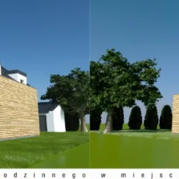 Wizualizacja projektu domu jednorodzinnego w nowoczesnym stylu z elementami drewnianej elewacji, otoczonego zielonym trawnikiem i drzewami, prezentowana z dwóch różnych perspektyw.