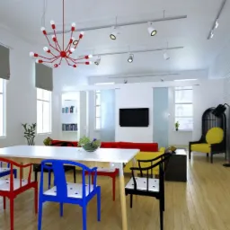 Jasne, nowocześnie urządzone wnętrze z białymi ścianami, drewnianą podłogą, kolorowymi krzesłami wokół białego stołu, czerwoną lampą sufitową w kształcie pajęczej sieci oraz żółtą sofą w tle.