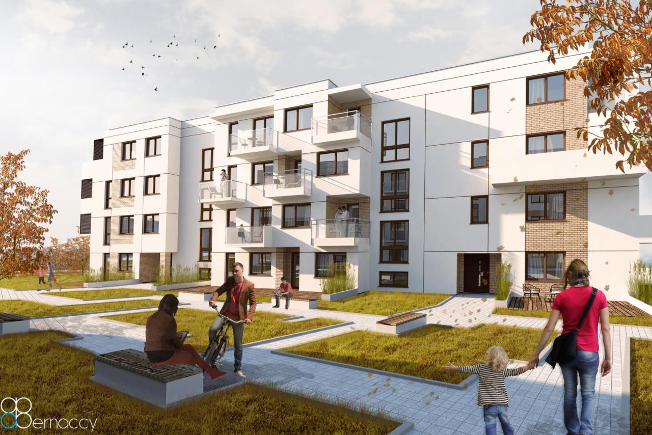 Wizualizacja nowoczesnego, trzypiętrowego budynku apartamentowego z białymi elewacjami i ceglanymi akcentami, otoczonego zielonym terenem z ławeczkami i ścieżkami; na pierwszym planie postacie...