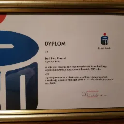 Oprawiony w złotą ramę dyplom uznania dla Pani Ewy Paruzel za najlepszą sprzedaż kart kredytowych PKO Banku Polskiego w regionie katowickim w II kwartale 2013 roku, z logo banku i podpisem...
