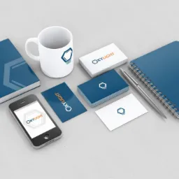 Projekt identyfikacji wizualnej firmy z Katowic: logo na wizytówkach, papierze firmowym, kubku i smartfonie, utrzymany w kolorystyce błękitu i bieli.