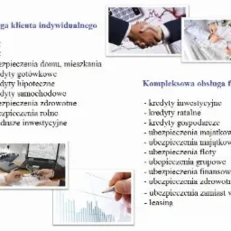 Kolaż zdjęć przedstawiający obsługę klienta indywidualnego i firmowego w zakresie finansów: uścisk dłoni, analiza wykresów, praca z dokumentami i laptopem.