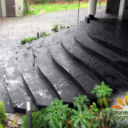 Eleganckie, czarne schody z kamienia prowadzą do budynku, otoczone zielenią i kostką brukową. Widoczne subtelne oświetlenie i logo firmy w rogu.