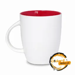 Biały kubek z czerwonym wnętrzem i logo firmy D!dart na dole po prawej, widoczny na białym tle.