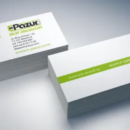 Stosy wizytówek sklepu zoologicznego E-Pazur z zielonym logo psa i kota, adres i numer telefonu na jednej wizytówce, adres strony internetowej z grafiką dłoni na drugiej.