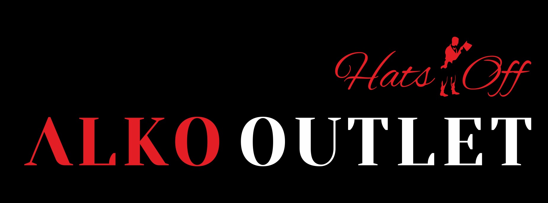 Logo firmy Alko Outlet z sylwetką iluzjonisty w czerwieni, na czarnym tle.