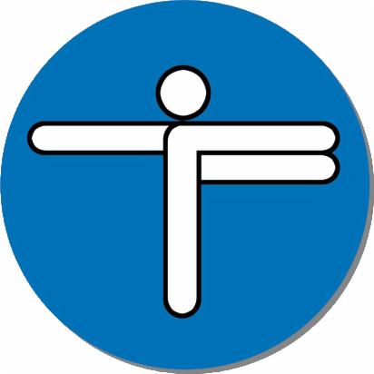 Ikona osoby w pozycji rozciągającej ramiona, biała sylwetka na niebieskim tle koła. Symbolizuje aktywność fizyczną, np. gimnastykę, rehabilitację, ćwiczenia.