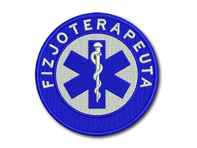 Okrągła, haftowana naszywka z napisem 'FIZJOTERAPEUTA' i symbolem Eskulapa na niebieskim tle.