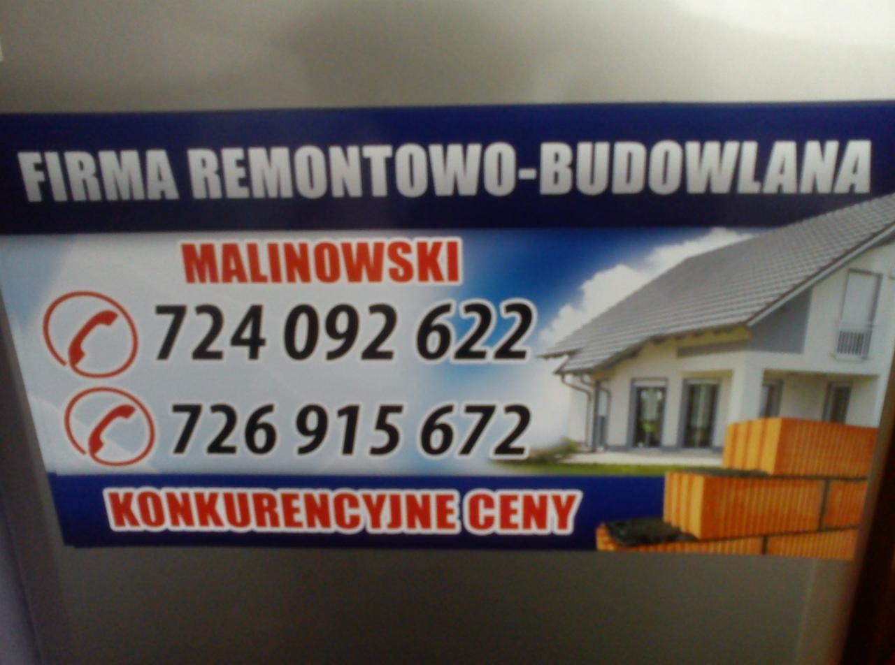 Baner firmy remontowo-budowlanej Malinowski z numerami telefonów, zdjęciem domu i hasłem 'Konkurencyjne ceny', umieszczony na szarym tle.