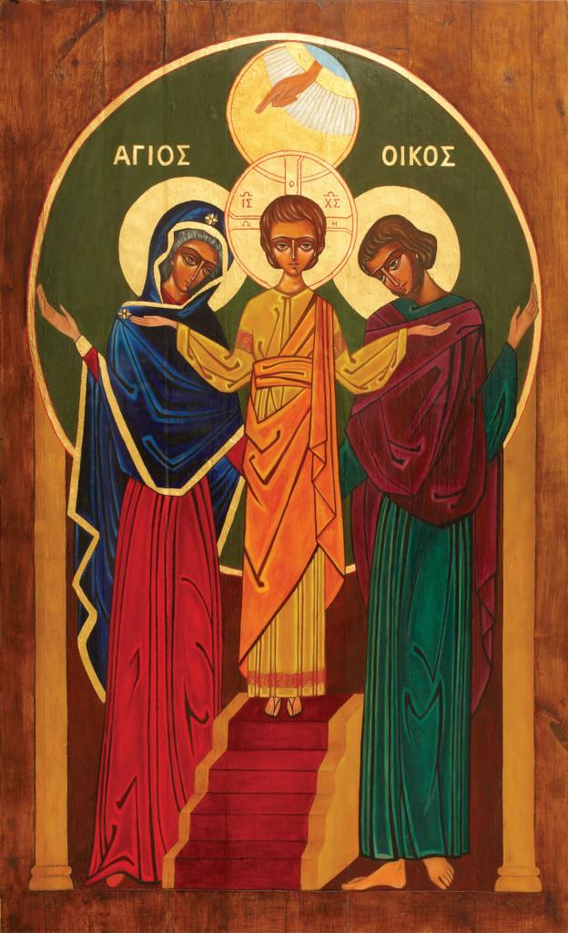 Ikona religijna na drewnianej desce: postacie w szatach, aureole, greckie napisy, ręka z góry. Ciepła kolorystyka, widoczne pociągnięcia pędzla, stylizowane detale.