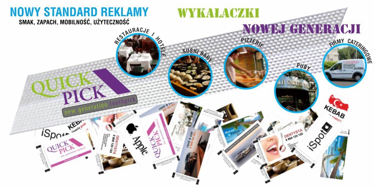 Prezentacja wykałaczek reklamowych 'Quick Pick' z logotypami różnych firm (restauracje, sushi bary, pizzerie, firmy cateringowe, puby, kebab) w Sosnowcu, demonstrująca ich zastosowanie w różnych...