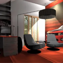 Wizualizacja nowoczesnego biura z biurkiem, krzesłami obrotowymi i tapetą z motywem samochodu sportowego, oświetlonego wiszącą lampą.