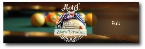 Grafika reklamowa hotelu 'Stara Gorzelnia' z bilardem i napisem 'Pub' w tle. Kolorowe bile na zielonym stole bilardowym.