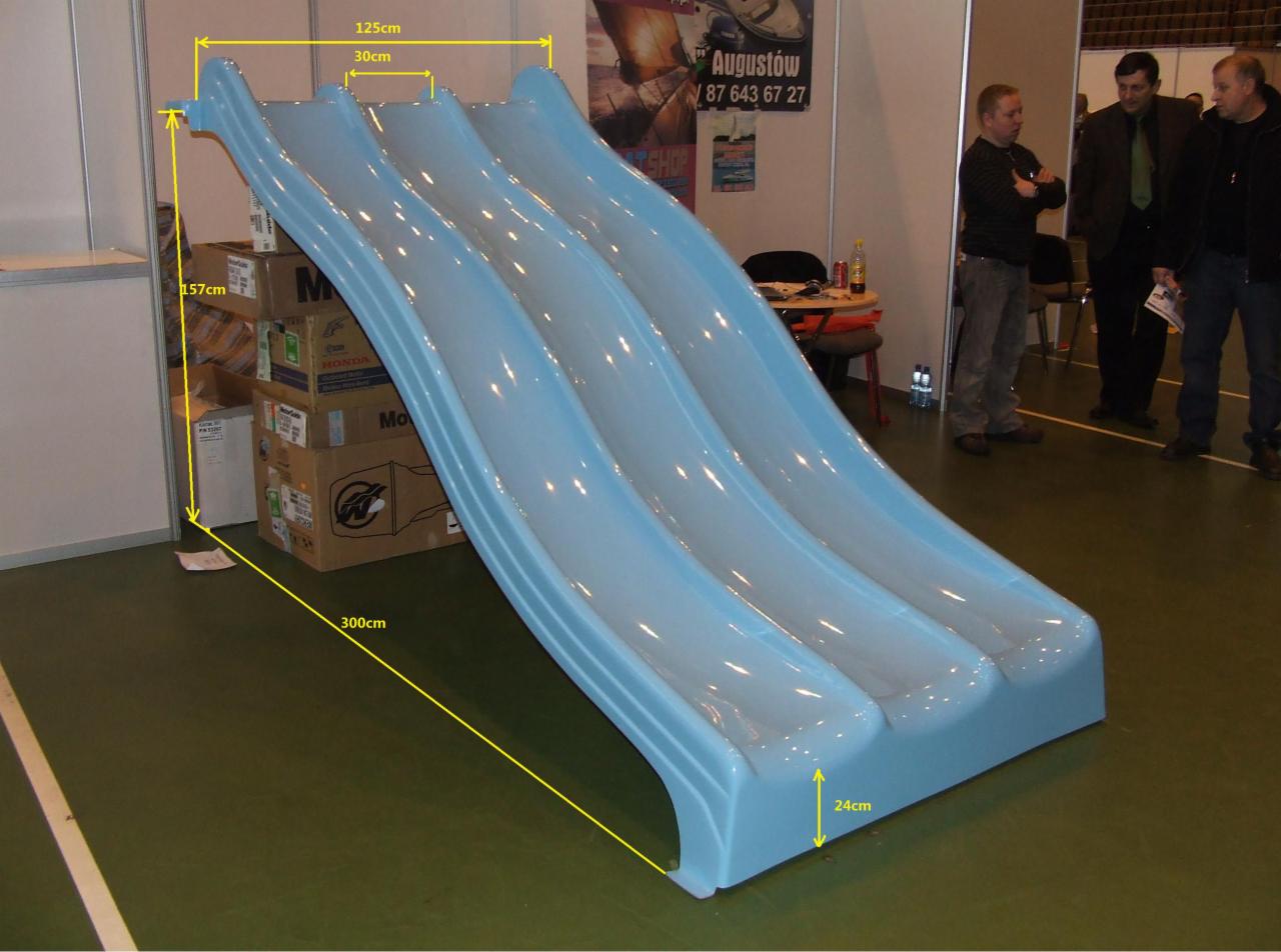 Trzytorowa, niebieska zjeżdżalnia dla dzieci z zaznaczonymi wymiarami, ustawiona w pomieszczeniu z zieloną podłogą, obok kartonów i rozmawiających mężczyzn.
